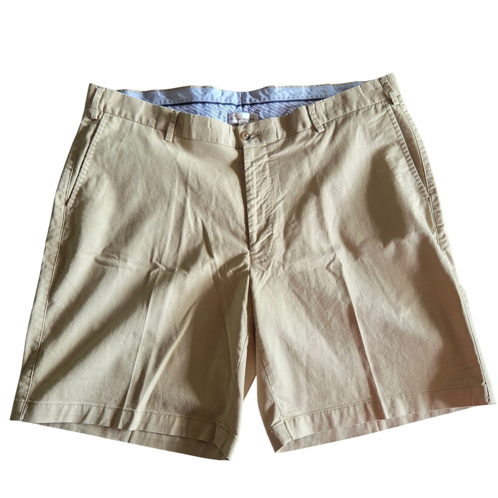 Peter Millar Mens Khaki Chino Shorts Size 40 Flat Front Tan Cotton Twill Golf